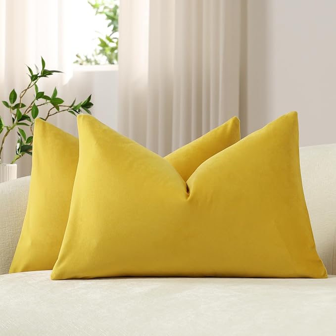 Lumbar Pillow Covers 12x20 Yellow: Pack of 2 Cozy Soft Velvet Rectangular Modern Luxury Decorative Throw Pillow Cases for Sofa Couch Living Room Bed Home Decor