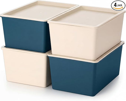 4 Pcs Storage Bins with Lids Plastic Stackable Containers for Classroom Room Organizing Shelves Christmas Ornament Box Baskets(Beige, Blue,Small)