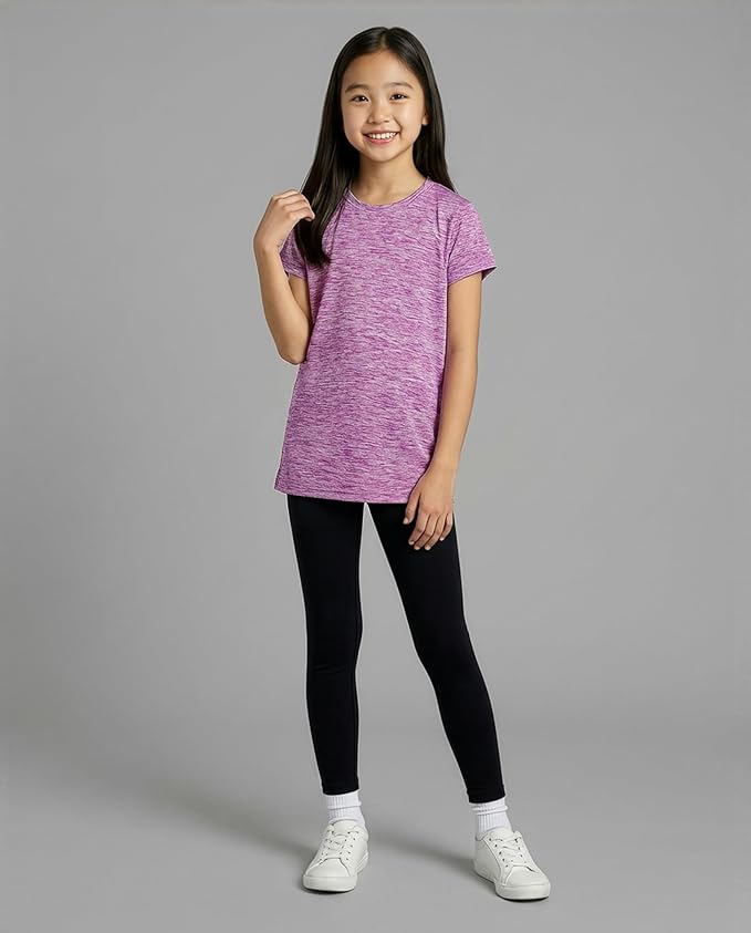 Real Essentials 5 Pack: Girls' Short Sleeve Dry-Fit Athletic T-Shirt - Active Gym Crew Neck Tops for Teens Kids (Ages 4-16)