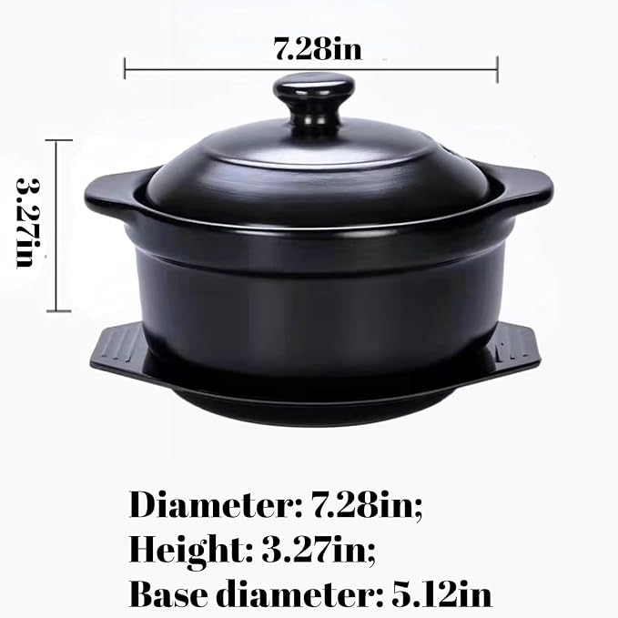 40 oz Ceramic Korean Stone Pot with Lid and Trivet Clay Pot for Cooking | Ceramic Sizzling Hot Pot for Bibimbap Black Korean Cooking Pot for 1-2 People for Kimchi Stew, Hot Pot