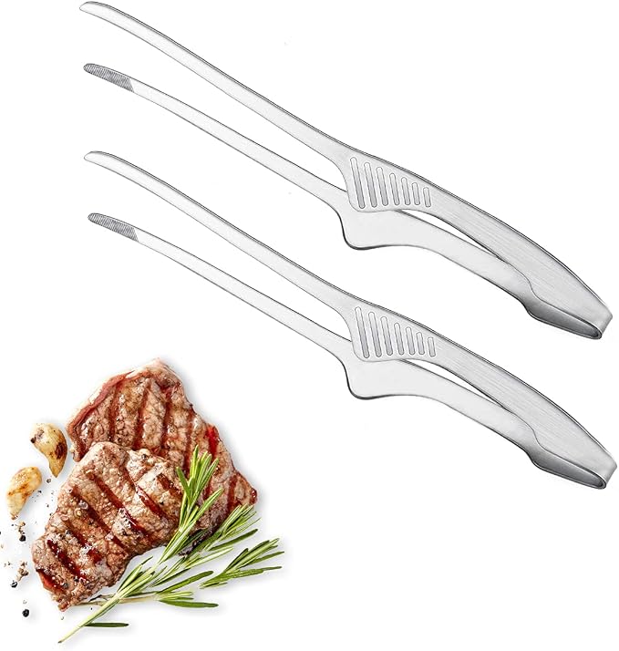 Stainless Steel Grill Tongs, 2-Pack Non-Slip Serrated for BBQ & Camping | 2-pack stainless steel grill tongs, non-slip serrated tips, self-standing BBQ, salad, camping, oven, easy & convenient use