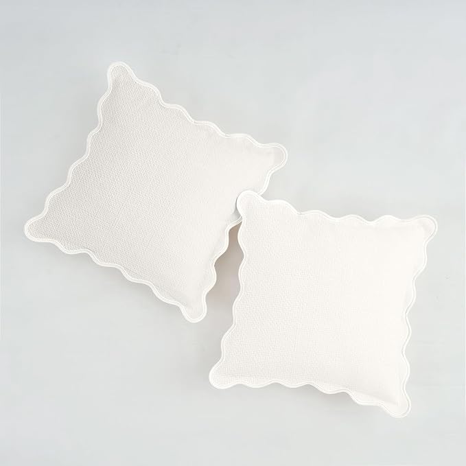 Scalloped Pillow Covers Set of 2 for Living Room | Decorative Sofa Couch Pillows | Boho Sytle Home | Aesthetic Funky Preppy Pillow Cases (Beige & White, 18x18 Inch)