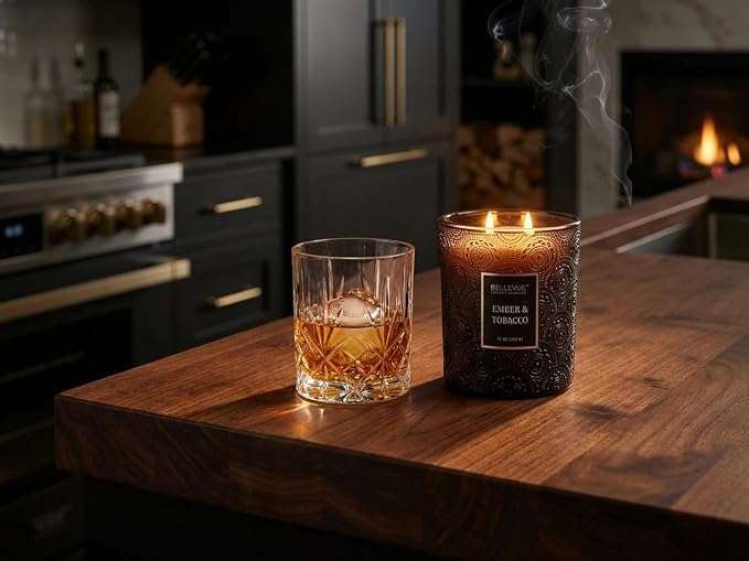 Bellevue Luxury Candles, 12 OZ Soy Blend Candle, Embossed Glass, Fragrances formulated with Essential Oils, Home Fragrances, Scented Candles Gift Set ǀ Scent: Ember & Tobacco