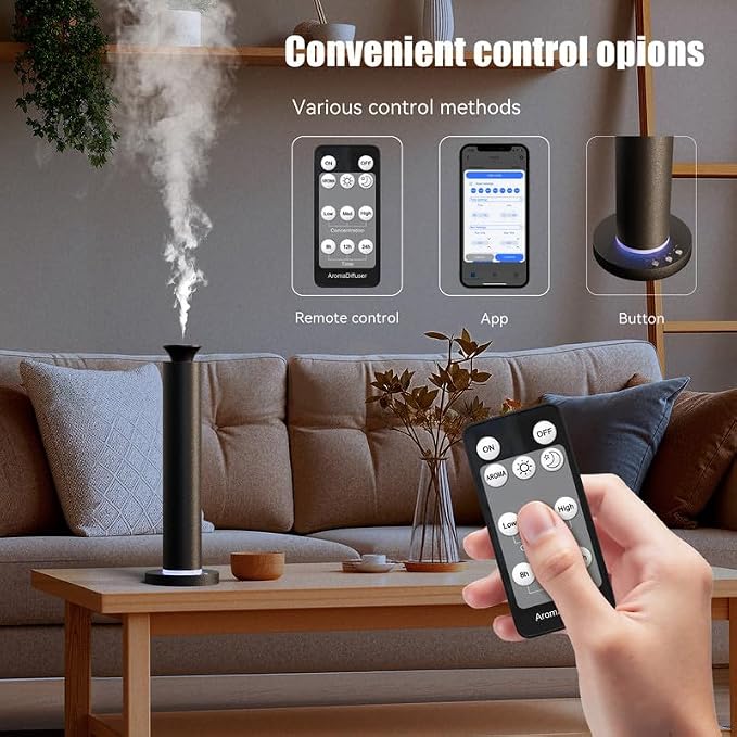 Waterless Scent Diffuser Machine with 4 Lights and Breathing Lights Modes Max Coverage 2500 sq.ft. Essential Oil Diffusers Fragrance Large Room Rechargeable App Remote Control Carbon Black