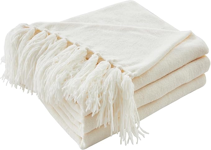 CozeCube Chenille Throw Blanket, Cream White Fringe Blanket, 50"X60" | For Couch, Cozy Plush Fuzzy Decorative Blanket with Fringe Tassels, Lightweight Throws for Bed Sofa Gift Home Decor