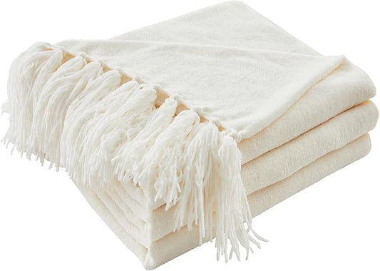 CozeCube Chenille Throw Blanket, Cream White Fringe Blanket, 50"X60" | For Couch, Cozy Plush Fuzzy Decorative Blanket with Fringe Tassels, Lightweight Throws for Bed Sofa Gift Home Decor