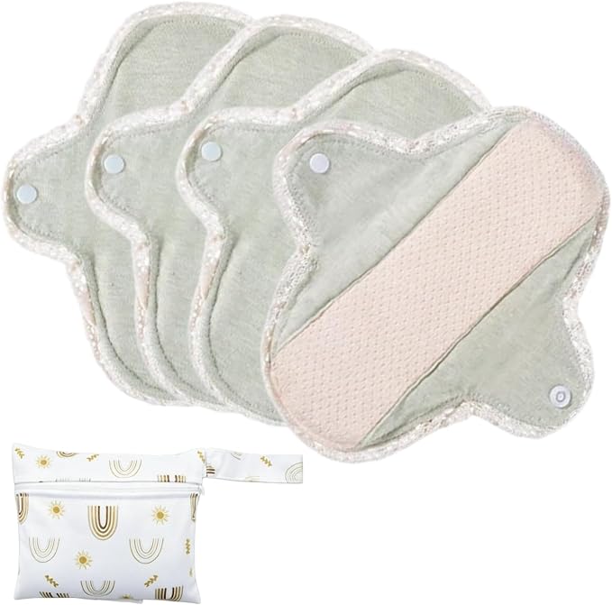 Reusable Incontinence Pads,Organic Cotton Pads Sanitary Napkins,Lace Trim Washable Menstrual Pads,with 1 Storage Bag,Panty Liners Pads Period/Incontinence/Postpartum.(Light Green/S/4pcs)