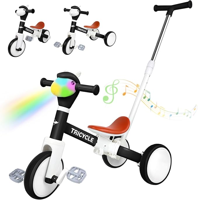 5-in-1 Toddler Tricycle with Lights & Music, Adjustable Push Kids Bike for 1-5 Year Olds, Toddler Balance Bike & Tricycle for Boys & Girls, Birthday Gift for 1 2 3 4 5 Year Old Kids (Black)