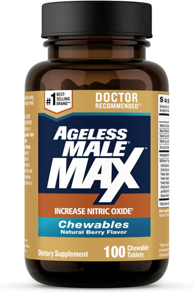 Ageless Male Max Chewable Nitric Oxide Booster Supplement for Men – High Potency Ashwagandha Extract to Boost Workouts, Muscle & Performance, Reduce Stress, Support Sleep - 100 Count