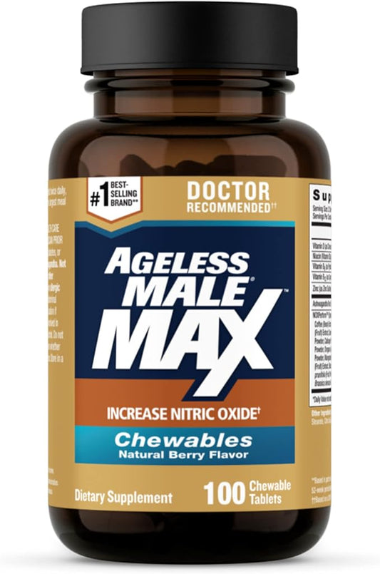 Ageless Male Max Chewable Nitric Oxide Booster Supplement for Men – High Potency Ashwagandha Extract to Boost Workouts, Muscle & Performance, Reduce Stress, Support Sleep - 100 Count