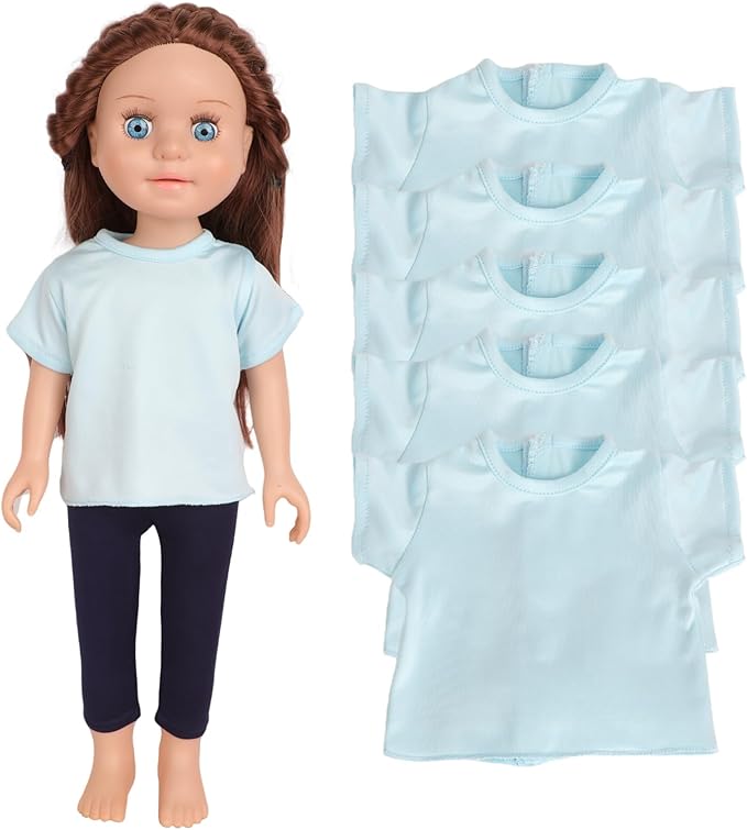 5-Piece Light Blue T-Shirts for 17-18 Inch Dolls / DIY Customizable Plain Tees (Blue)