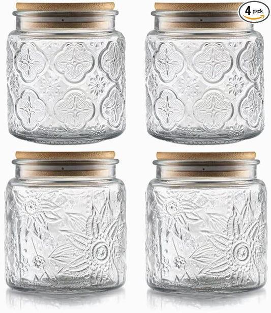 Set of 4 Vintage Glass Airtight Storage Jars, 17 FL OZ Glass Storage Containers with Bamboo Lids, Canning Jar for Kitchen Counter, Pantry, Cookie, Coffee, Tea, Sugar, Cute Jars | Glass Food Storage Containers for Coffee, Tea, Sugar, Candy, Cookie, Over...