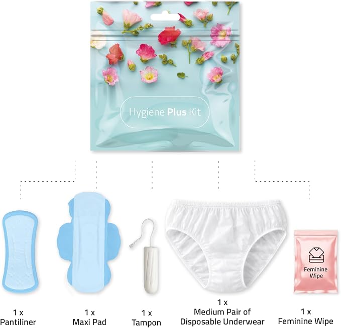 Hygiene Plus Period Kit with Disposable Underwear (Medium) – Menstrual Kit with Tampon, Pad & Pantyliner – Feminine Hygiene Kit for Girls, Teens & Women (Red Flowers)