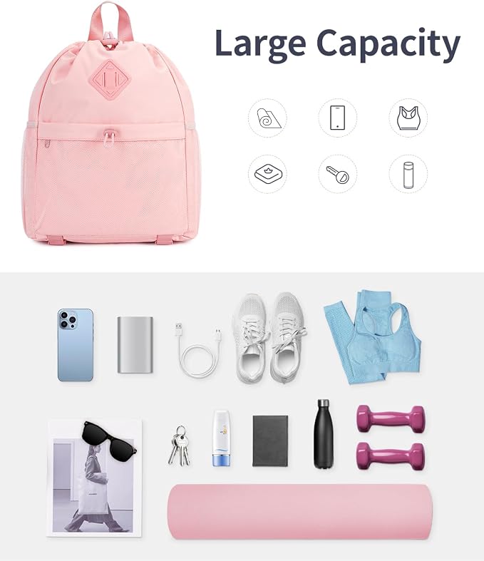 WANDF Drawstring Backpack for Women, Lightweight Gym Bag with Yoga Mat Strap, Water-Resistant String Backpack with Mesh Pocket (Pink, Patent Pending)
