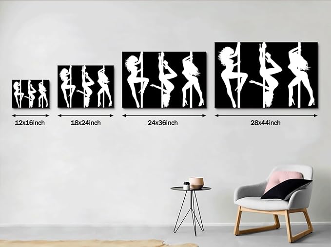 Yeesjoee Modern Sexy Pole Dancer Canvas Wall Art, Black White Silhouette Abstract Woman Dance Dynamic Painting, Strength & Elegance Prints Pictures Decor for Living Room Bedroom Gym, 24x36 in Framed