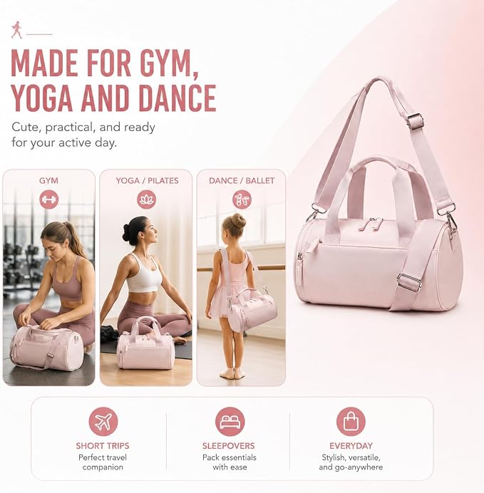 BTOOP Mini Gym Bag for Women, 12-Inch Small Duffle Bag with Wet Pocket and Coin Purse, Lightweight Water-Resistant Workout Bag for Yoga, Pilates, Dance and Travel (Pink)