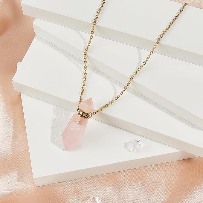 SUPERFINDINGS Natural Rose Quartz Stone Perfume Bottle Pendant Gemstone Crystal Perfume Bottle Essential Oil Necklace Diffuser Necklace Hexagonal Pointed Reiki Chakra Pendant for Woman Men