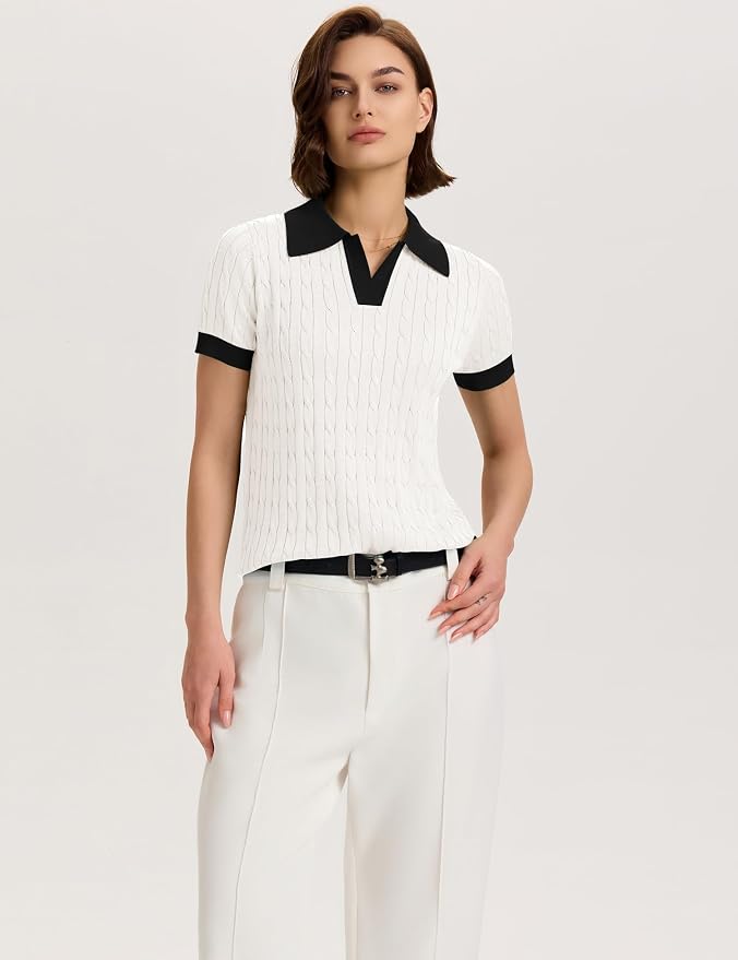 Micoson Womens Short Sleeve Sweater Tops Lapel V Neck Polo Shirts 2026 | Summer Cable Knit Loose Blouses, Business Casual Outfits
