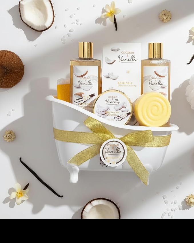 Spa Gifts for Women & Men Coconut Vanilla Bath & Body Self Care Gift Basket | Perfect Gifts Mom, Birthday Gift, All Occasion Holiday Present Spa Gift Basket for Women & Men Pamper Kit- 8-Piece Bath Kit