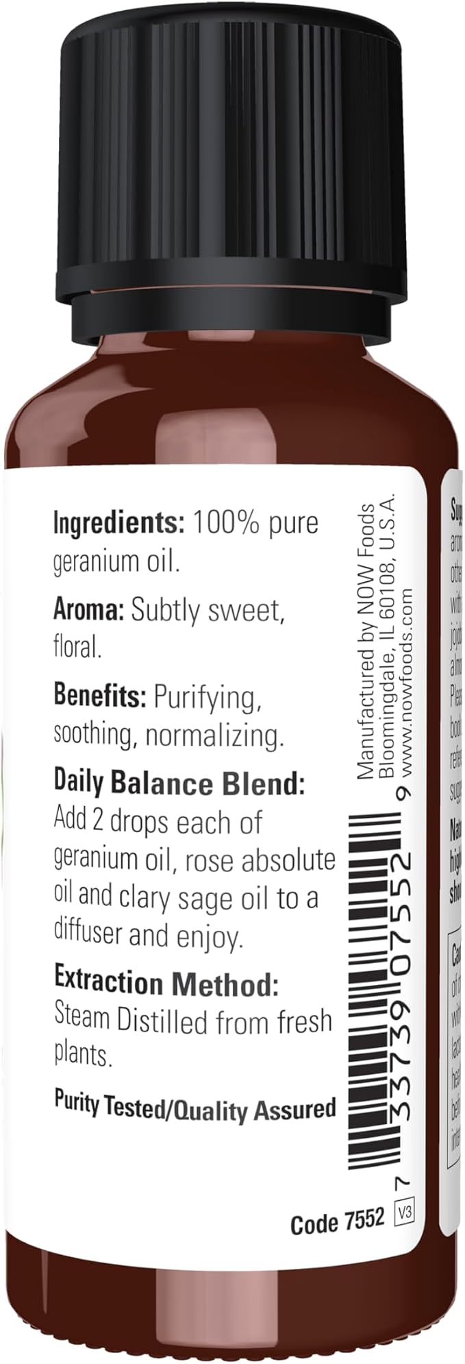 NOW Essential Oils, Geranium Oil, Soothing Aromatherapy Scent, Steam Distilled, 100% Pure, Vegan, Child Resistant Cap, 1-Ounce