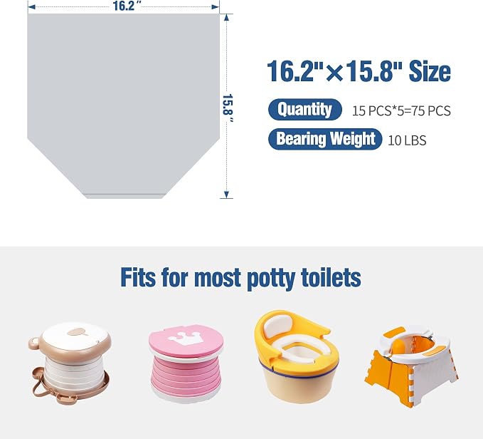 Potty Liners for Portable Toilet 75-count, 16.2"*15.8" Universal-Fit Travel Bags, Disposable Liners for Toddlers, Leak-proof Bags for Outdoor Use and Training