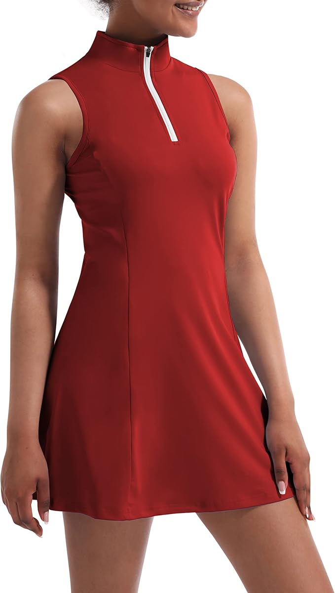 Tennis Dress for Women, Golf Dress with Shorts and Pockets Athletic Dress | Sleeveless Collared Half-Zipper Workout Sport Dress, Stretch Moisture Wicking Fabric, Tennis Golf Outfits