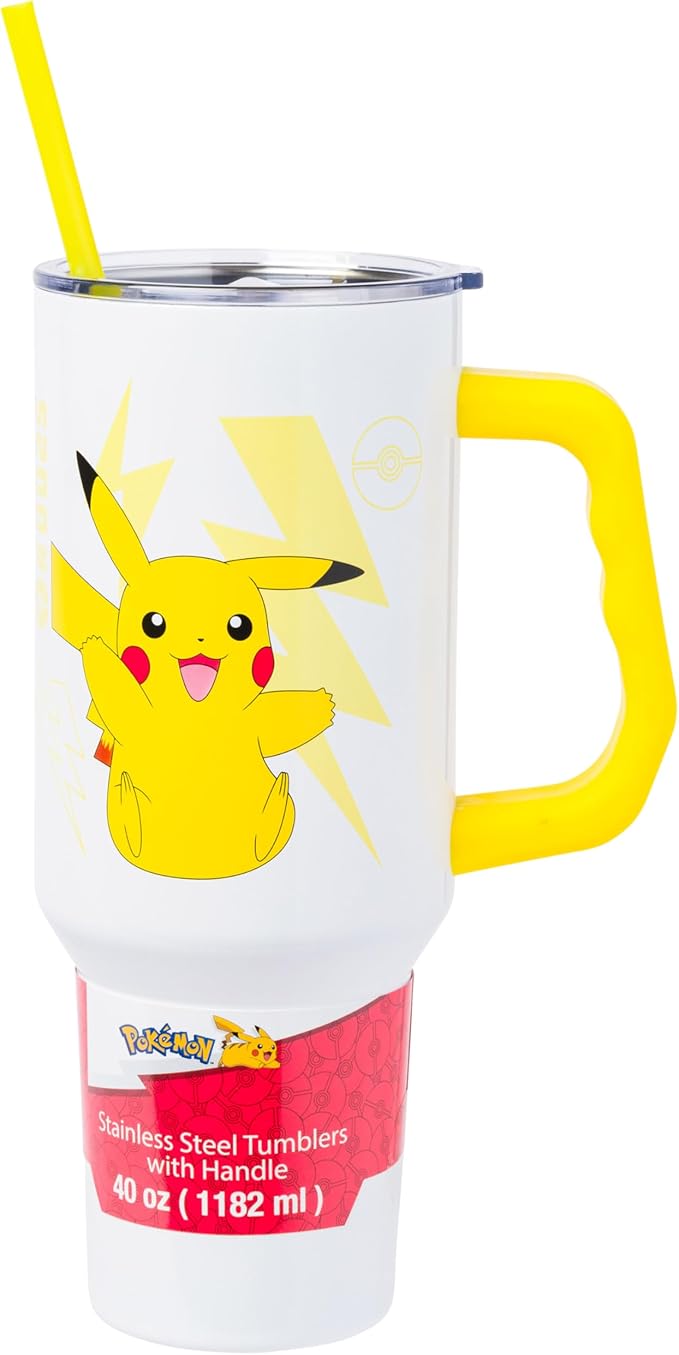 Silver Buffalo Pokémon Double Walled Stainless Steel Tumbler with Handle Featuring Pikachu, Fits in Standard Cup Holder, 40 Ounces