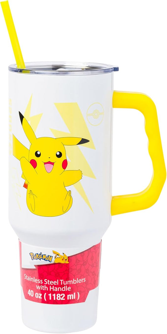 Silver Buffalo Pokémon Double Walled Stainless Steel Tumbler with Handle Featuring Pikachu, Fits in Standard Cup Holder, 40 Ounces