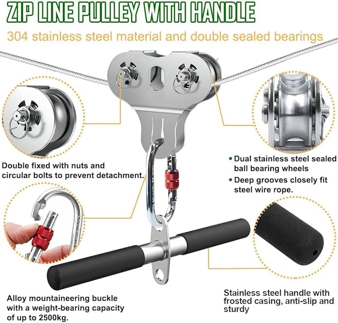 Zip Lines for Kids and Adults Outdoor Up to 500 Lbs, 304 Stainless Steel 180FT Zipline Kits for Backyard with Thickened 1/4" Wire Rope, Removable Pulley, Outdoor Playground Equipment