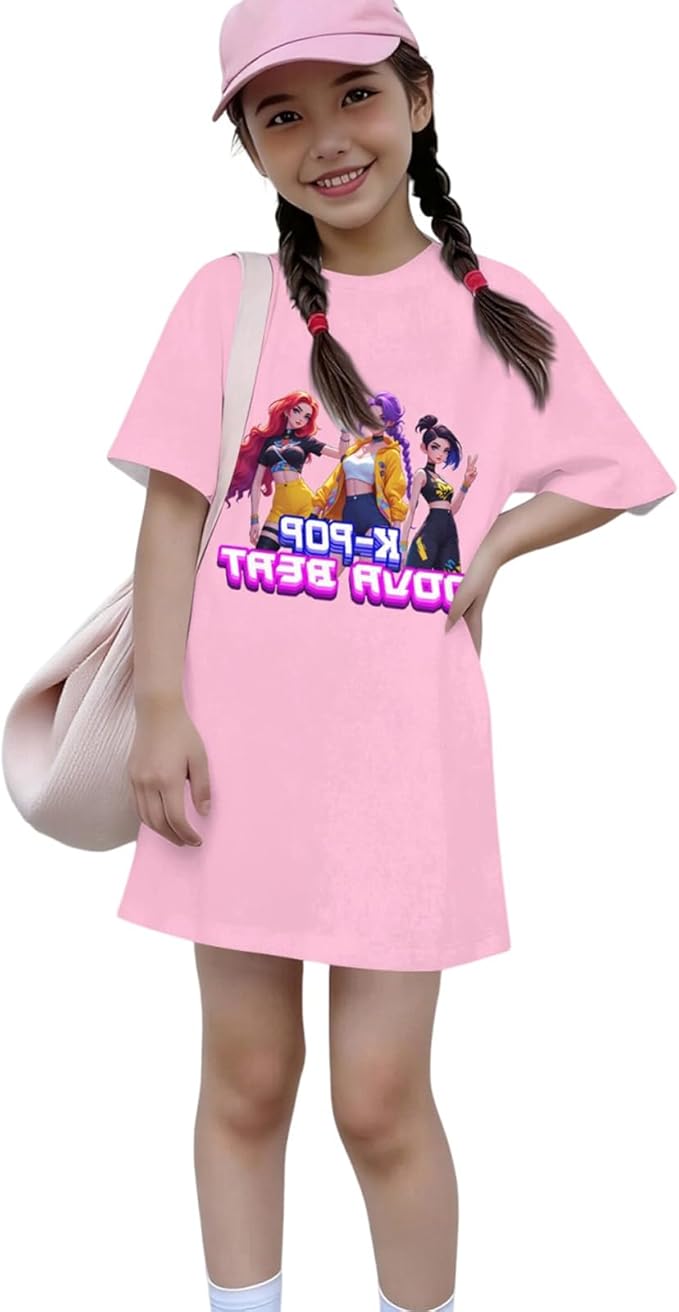 Girl's Anime K-POP Graphic Long Dress T-Shirt - Casual Loose Fit Short Sleeve Top