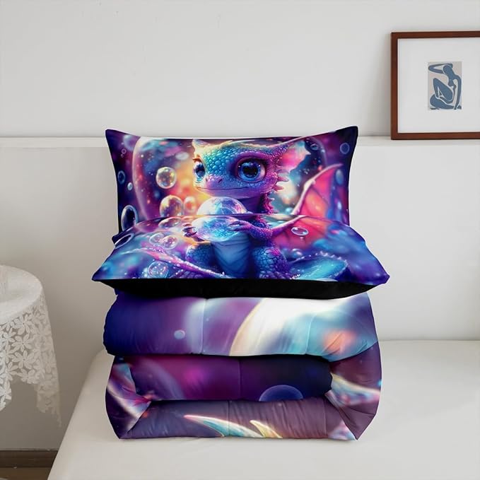 Feelyou Dragon Comforter Set King Size Kawaii Comforter for Boys Girls Teens Wild Life Bedding Set Dragon Decor Duvet Set Room Decor Purple Blue Quilt Set