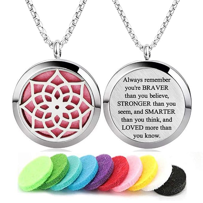 Aromatherapy Essential Oil Diffuser Necklace Stainless Steel lnspirational Locket Pendant（Sunflower）