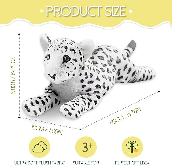 Snow Leopard Plush 16" Large White Snow Leopard Stuffed Animal Pillow Big Cute Plush Toys Realistic Deocr Birthday Valentine's Day Gift for Kids