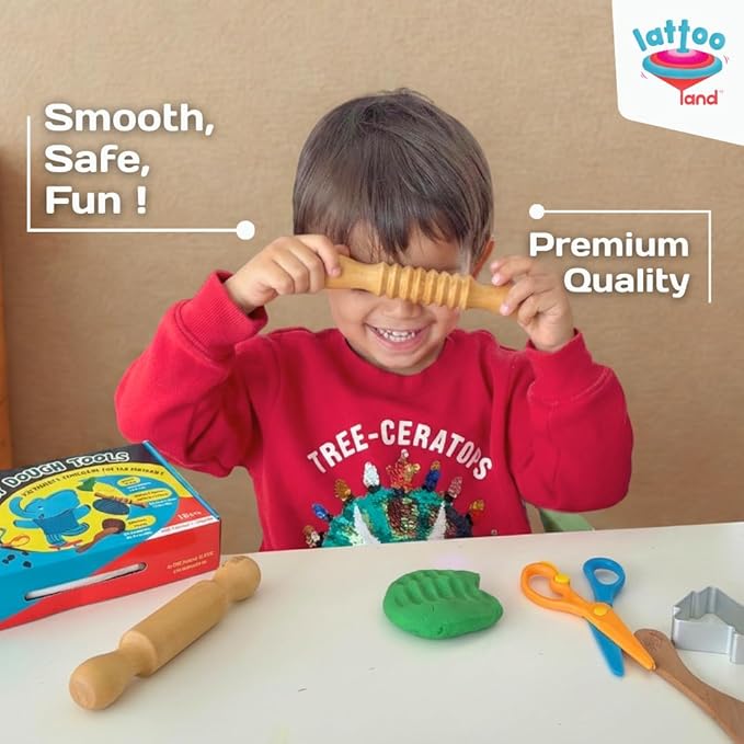Lattooland Dough Tools Set of 5 - Sculpting Tools to Roll, Cut, Flatten | Wooden Rollers & Knife | Child-Safe Scissor | Pretend Play Kitchen | Clay Mould for Kids Ages 2-7 | Art & Craft