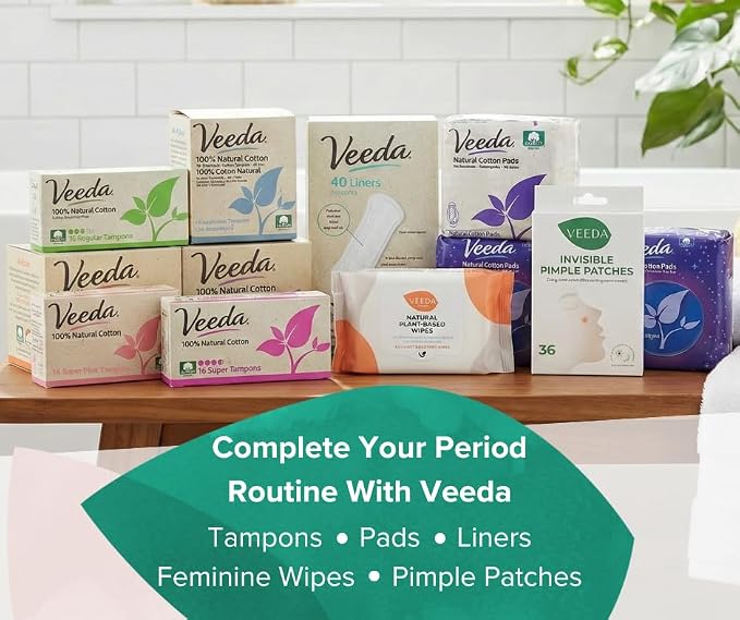 Veeda 100% Natural Cotton Tampons - Regular Absorbency with leak proof protection - Compact BPA-Free Applicator - Unscented & Free from Chlorine, Toxin - 64 Count