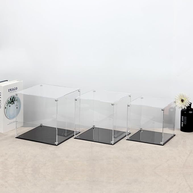 Clear Self-Assembly Acrylic Boxes for Display, Transparent Display Case with Black Base and Lid, Cube Countertop Storage Boxes Glass Case for Collectibles Models Doll Boy Figurine, 9x9x9Inch