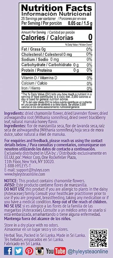 Hyleys Calm Tea with Ashwagandha - Lavender & Honey Flavor - Caffeine-Free, Herbal Tea - 25 Tea Bags - Sleepy Chamomile Bedtime Blend: Natural Herbal Tea for Deep Relaxation & Restful Sleep