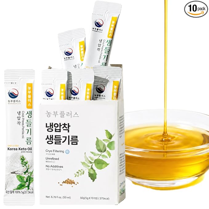 Korean Food Nongbu Cold-Pressed Perilla Oil Sticks Single-Serve 10 Pk 50g | Cold-pressed perilla oil in 10 individually wrapped single-serve sticks with a fresh, rich nutty flavor. Product of Korea.