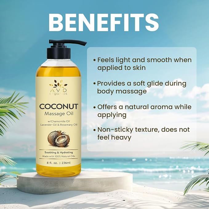 AVD Organics Coconut Massage Oil 236 ml |Infused with Chamomile Lavender and Rosemary | Cold Pressed Oil for Aromatherapy | Skin Nourishment Body | Ideal for DIY | 8 fl.oz