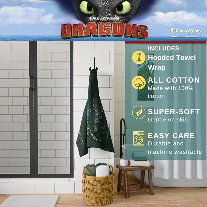 How to Train Your Dragon Toothless Super Soft Bath/Pool/Beach Soft Cotton Terry Hooded Towel Wrap, 24 in x 50 in, (Officially Licensed Product) by Franco