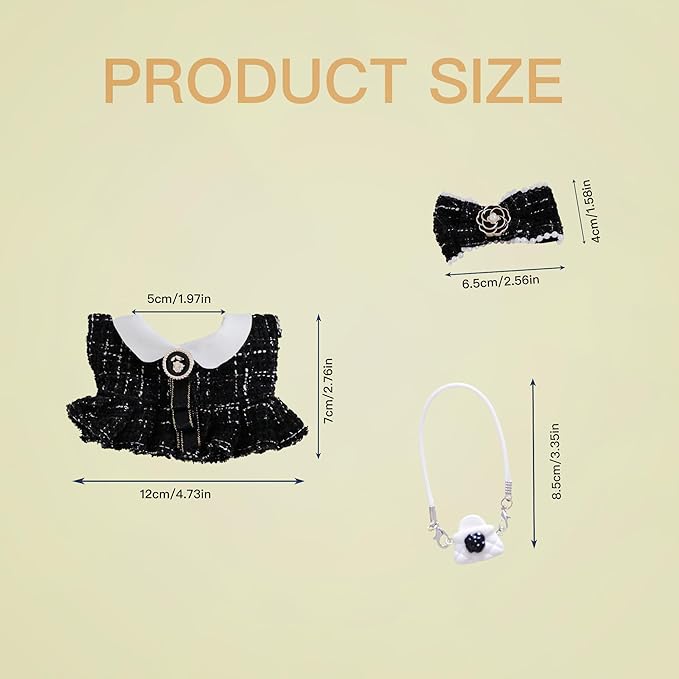 17cm Doll Clothes Set and Accessories Suit,(NO Doll) 3-Piece Set, Clothes for Labubu, Little Fragrant Style, Dolls Keychain Accessories, Includes Dress, Matching Hair Bow, Bags(Black)