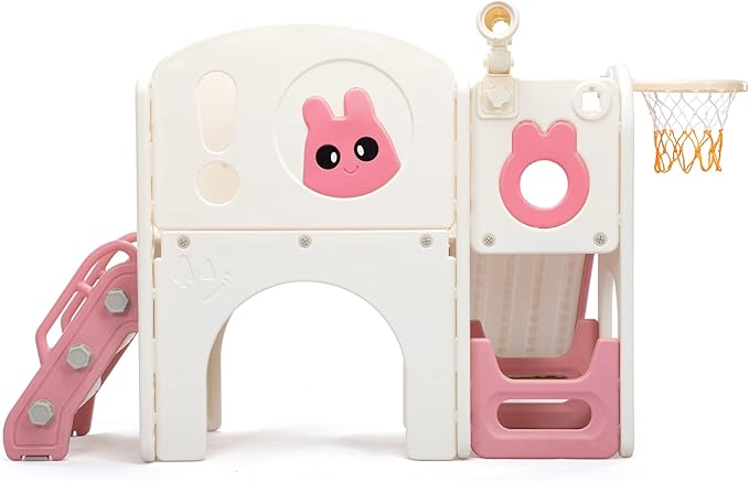 NYEEKOY 8-in-1 Toddler Slide and Climber Playset, Kids Slide Playground with Stairs, Tunnel, Telescope, Storage, Basketball Hoop and Ball, Indoor Outdoor, 1-3 Years Old, Pink