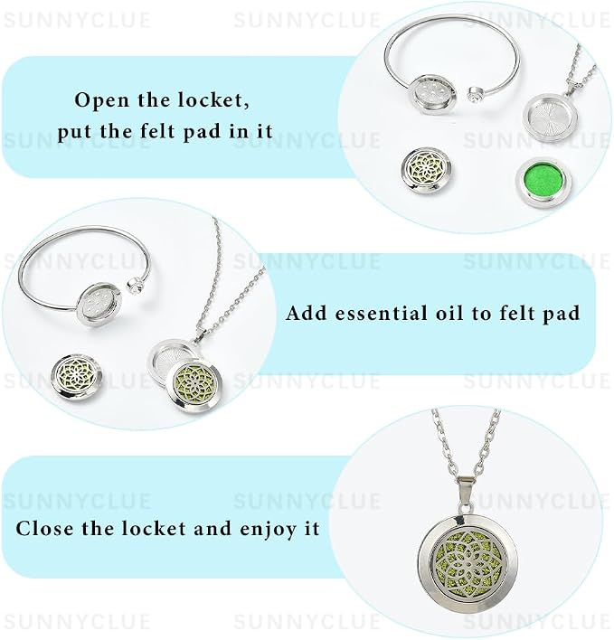 SUNNYCLUE 1Pc Essential Oil Necklace 1Pc Essential Oil Diffuser Bracelet with 10Pcs Refill Pads Flower Stainless Steel Aromatherapy Locket Pendant Bracelets Necklaces Diffuser Jewelry for Women Gifts