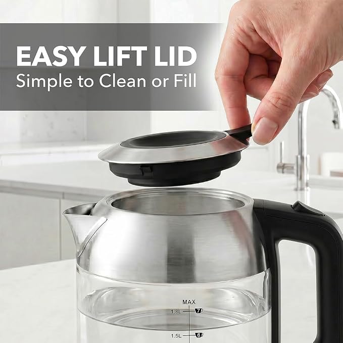 OVENTE Electric Kettle, 1.8L Glass Tea Kettle & Stainless Steel BPA-Free Cordless Electric Kettle, 1500W Fast Boil Electric Pot with Easy-Fill Lid, Auto Shut-Off & Boil Dry Protection, Silver KG751S