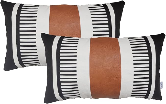 2 Pack 12x20 Lumbar Throw Pillow Covers, Faux Leather & Cotton Canvas with Black Stripes, Rectangular Decorative Pillow Case for Living Room, Sofa, Couch, Bedroom, Modern Farmhouse Home Decor