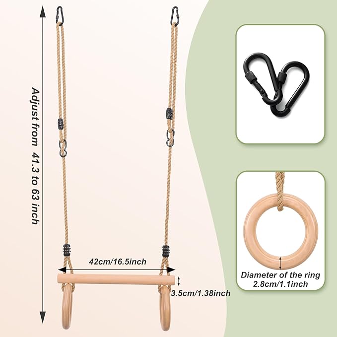 YAERSI Children's Trapeze Swing Bar with Wooden Gym Rings,Trapeze Bar for Swing Set
