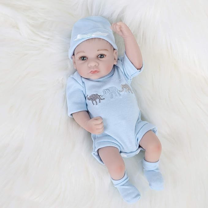 ENADOLL Reborn Baby Boy Doll Realistic Silicone Vinyl 10 inch Soft Body Lifelike Doll Gift Set for Ages 3+ (Open Eyes Blue boy)