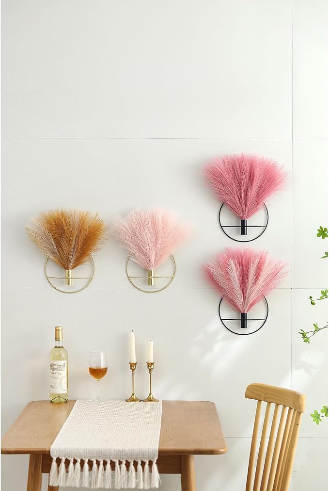 Pretty Jolly Boho Pampas Wall Decor Gold Metal Wall-Mounted Art | Morden Artificial Greenery Display，2 Pack Hanging Planter For Living Room, Bedroom, Bathroom, Dining room