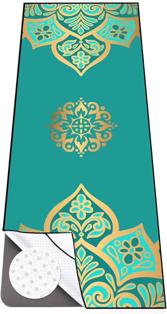 Colorful Star Yoga Towel with Corner Pockets, Non Slip Grip Dots Absorbent Hot Yoga Mat Towels, Yoga Blankets with Travel Bag, Mat Cover for Workout, Gym, Fitness - 74"x26", Turquoise Gold Mandala