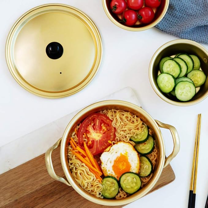 Korean Ramen Noodle Pot,Aluminum Alloy Double Handle Korean Instant Noodles Pot Korean Noodle Cooker Stockpot Cooking Pot with Lid Kitchen Cookware for Soup Pasta Egg (20cm)